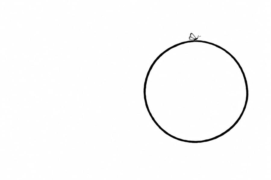 A tiny hand-drawn moth rests outside the upper rim of a thick, uneven black circle. The circle's interior and background are plain white.